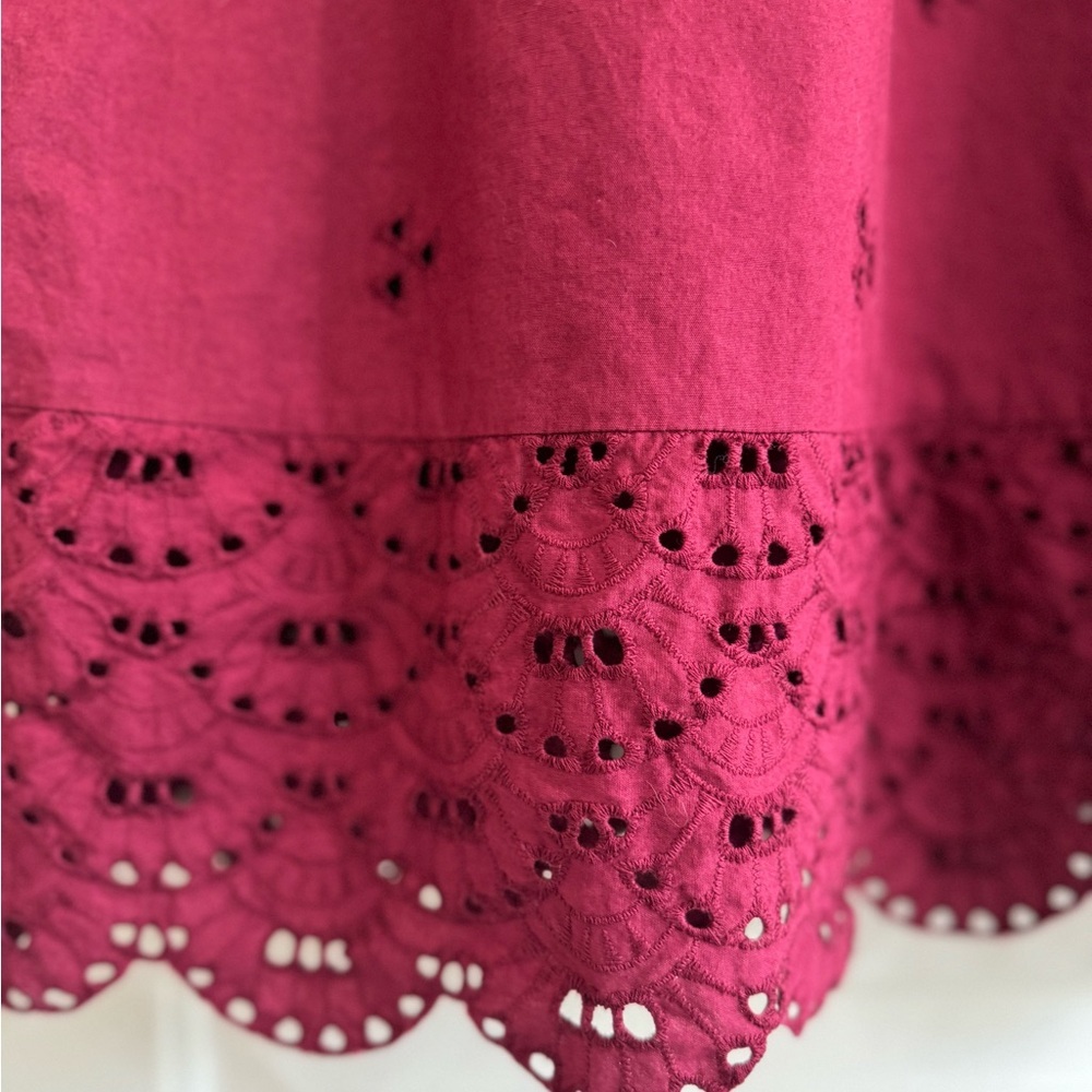 Wine Red Eyelet Mini Dress L Boho Scalloped Hem Embroidered Summer - Picture 5 of 7